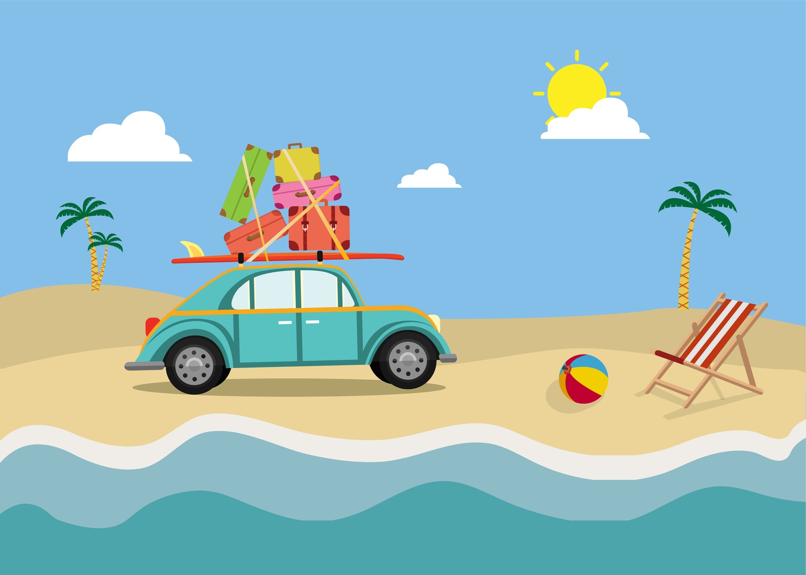 Включи каникулы путешествие. Пляж и машина иллюстрация. Путешествие на машине иллюстрация. Автомашина пляж вектор. Рисунок машина на пляже.